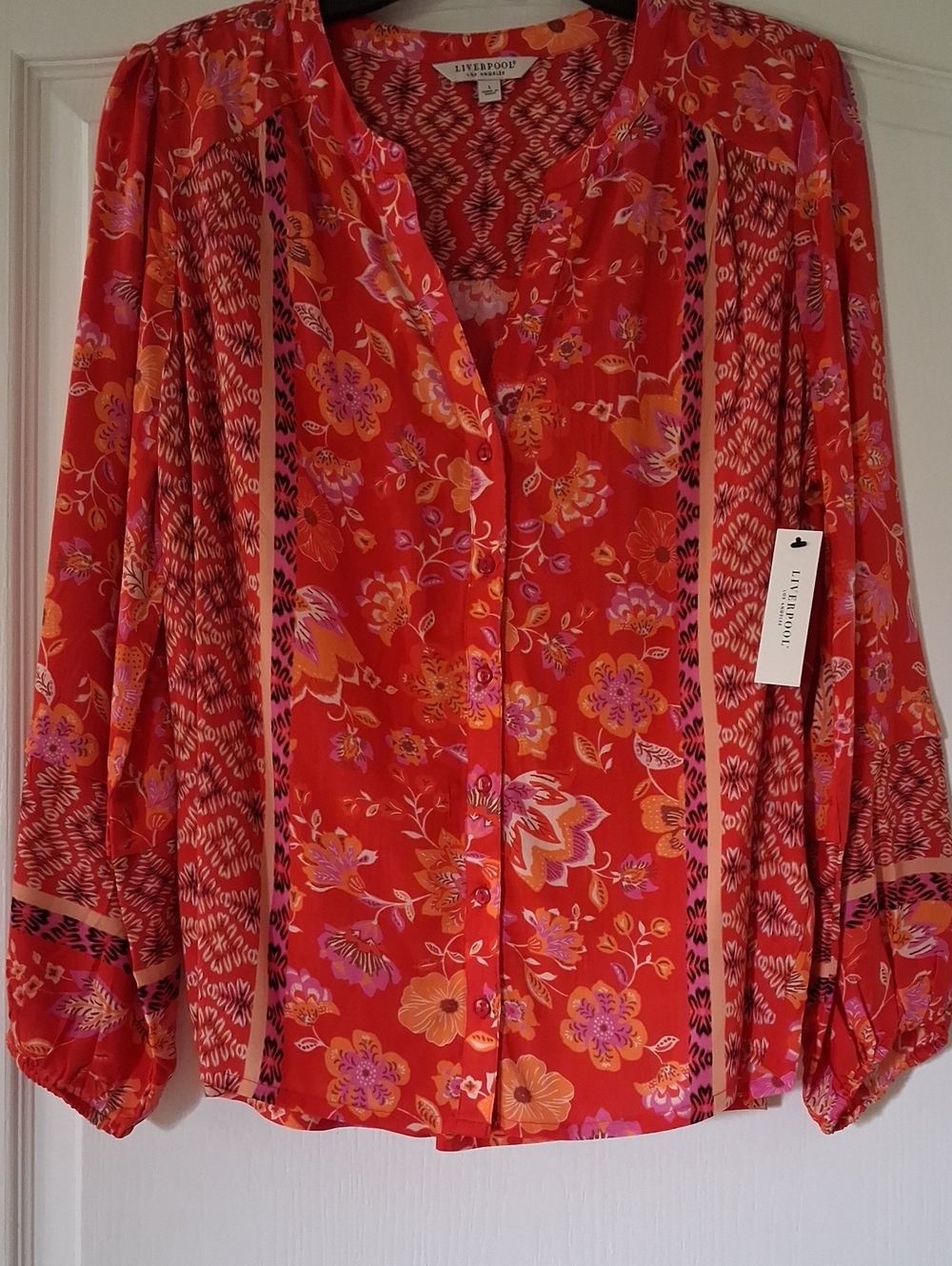 Liverpool Floral Button-Front Red Blouse